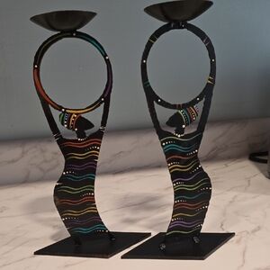 Artistic Black Metal Candle Holders with Colorful Accents